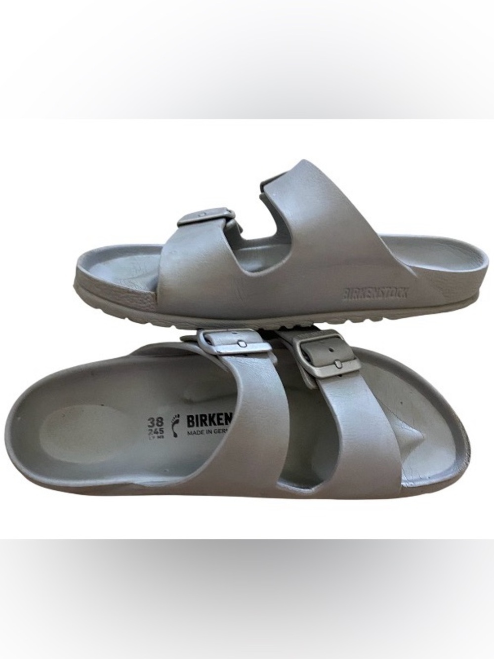 Birkenstock Eva Aluminum Gray Slide Sandals size 38 Made in Germany, gently used